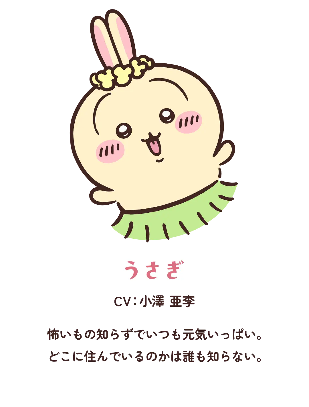 【うさぎ】CV：小澤 亜李／怖いもの知らずでいつも元気いっぱい。どこに住んでいるのかは誰も知らない。